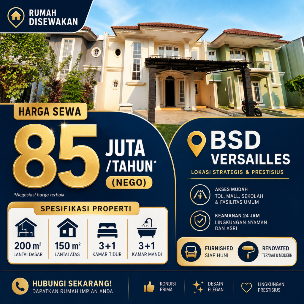 Disewakan Rumah 2 Lantai Bagus, Strategis di BSD Versailes (Yk) Sewa Rumah BSD City Furnished